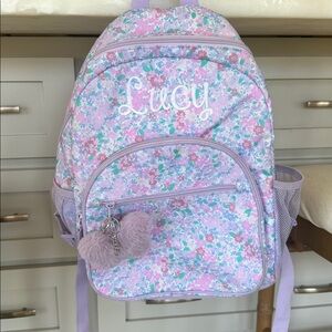 Floral Pastel Backpack with Pom Pom Charm; “Lucy” Monogram